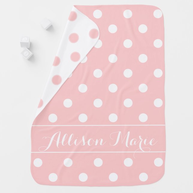 Baby Pink and White Polka Dot Personalized Receiving Blanket (In Situ)