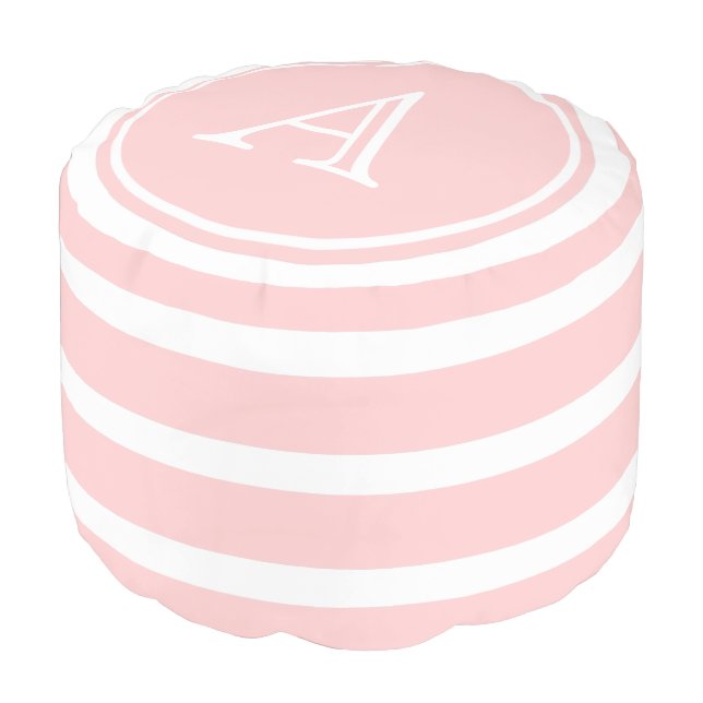 Baby Pink and White Stripe Monogram Pouf (Angled Front)