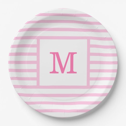 Baby Pink and White Stripes Custom Monogram Paper Plates