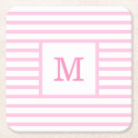 Baby Pink and White Stripes Custom Monogram Square Paper Coaster<br><div class="desc">Cute girly simple modern baby pink and white stripped coaster with your custom monogram name or initials,  for your next special birthday party,  baby shower or wedding! Made with paper. Customize it with your favorite font and color to make it your one and only happy coaster!</div>