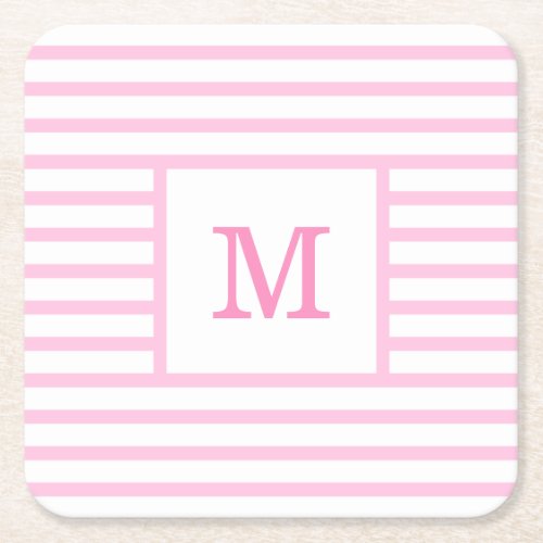 Baby Pink and White Stripes Custom Monogram Square Paper Coaster