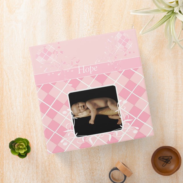 Baby Pink Argyle Heart Swirls-Your Photo 3 Ring Binder (In Situ)