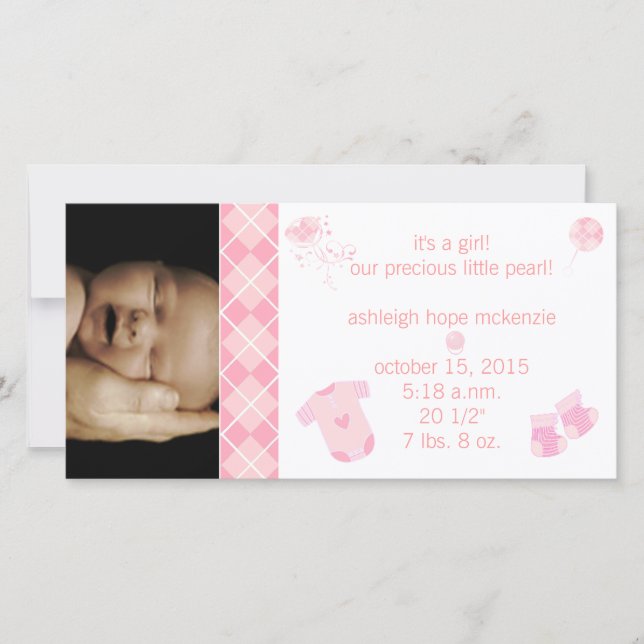 Baby Pink Argyle - It's A Girl -Our Precious Announcement (Front)