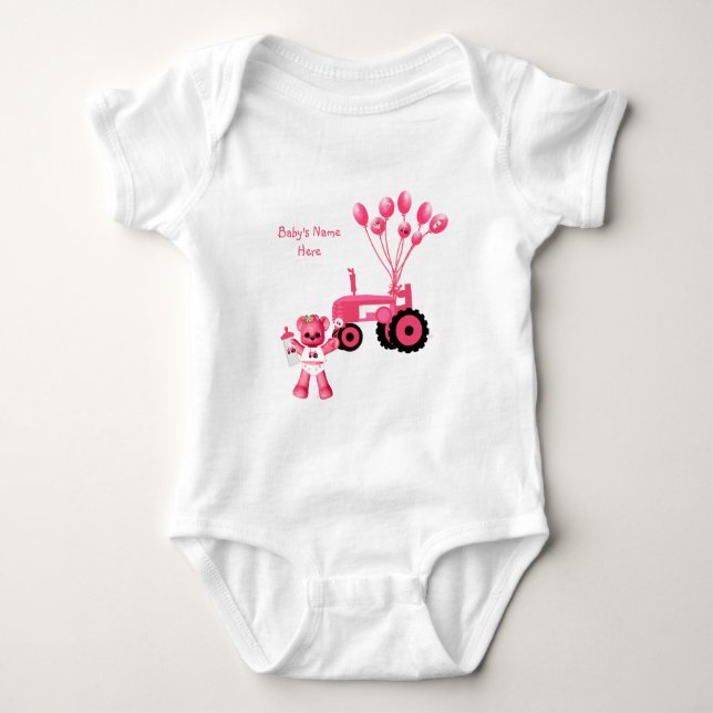 Baby Pink Bear and Pink Tractor T-Shirt Baby Bodysuit (Front)