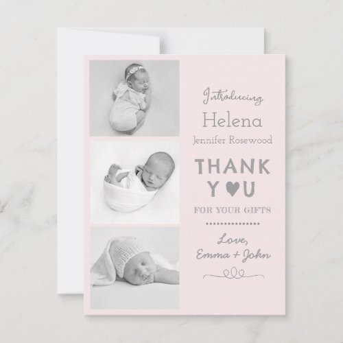 Baby pink birth announcement card with photos