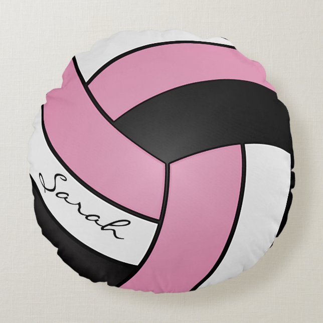 Baby Pink, Black and White Volleyball | DIY Name Round Pillow (Front)