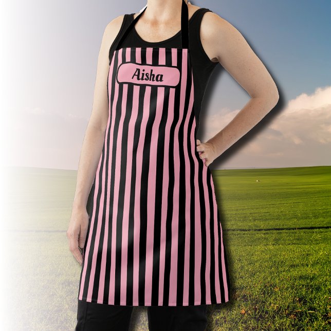 Baby Pink Black Vintage Striped Name Apron (Creator Uploaded)