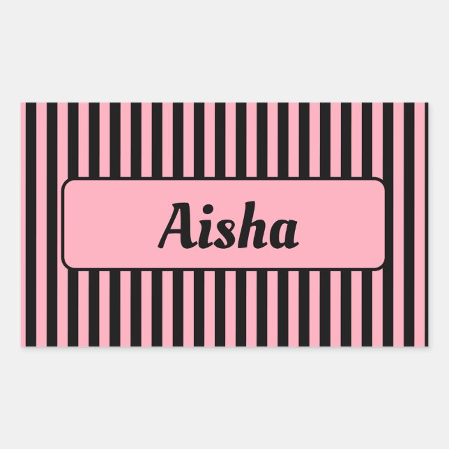 Baby Pink Black Vintage Striped Name Rectangular Sticker (Front)