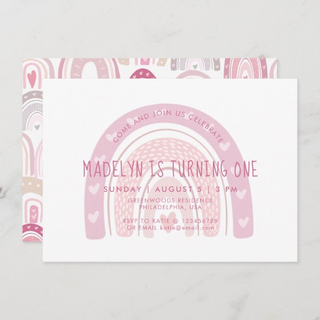 Baby Pink Boho Rainbow First Birthday Invitation (Front/Back)