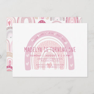 Baby Pink Boho Rainbow First Birthday Invitation