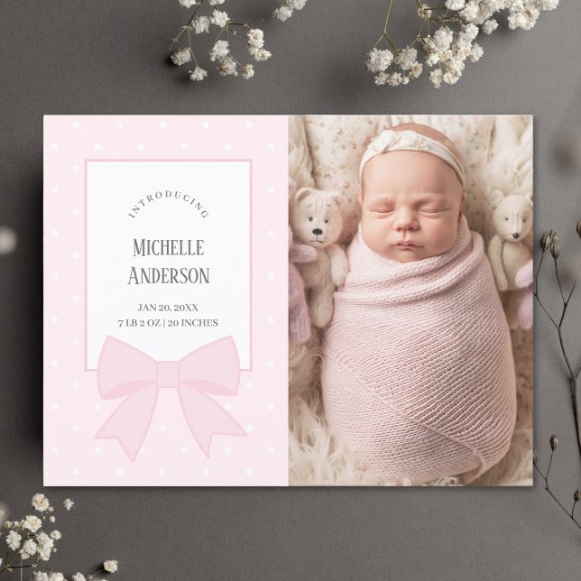 Baby Pink Bow Baby Girl Photo Birth Announcement Postcard (Creator Uploaded)