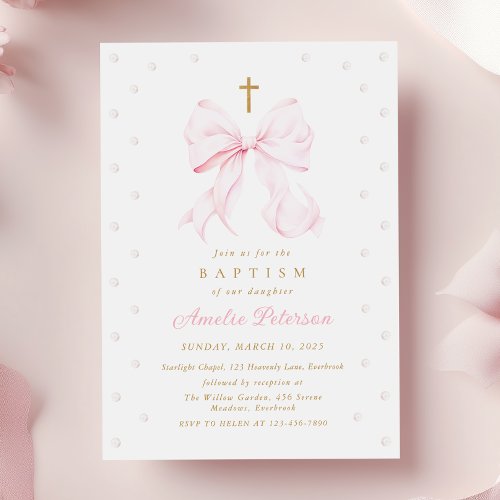 Baby Pink Bow &amp; Pearls Girl Baptism Invitation