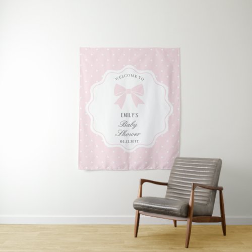 Baby Pink Bow Polka Dots Girl Baby Shower Welcome Tapestry
