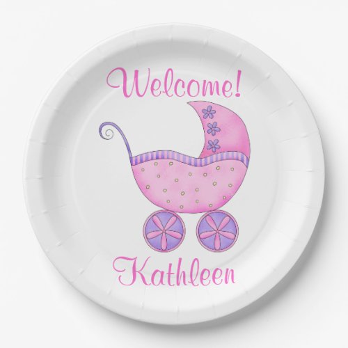 Baby Pink Buggy Carriage Welcome Name Personalized Paper Plates