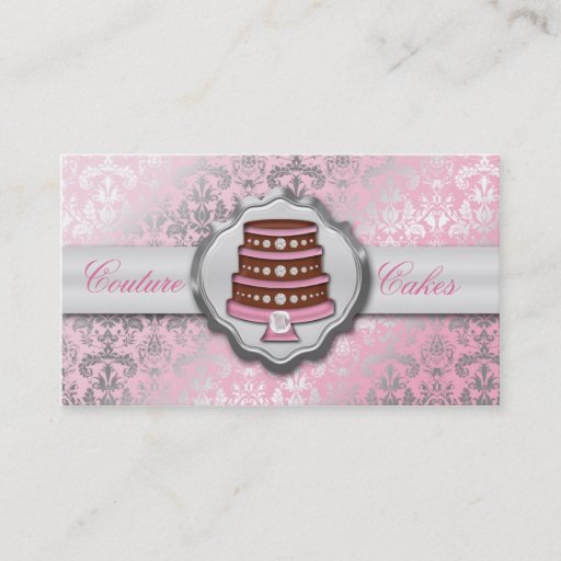 Customizable Baby Pink Cake Couture Glitzy Damask Cake Bakery Business Card