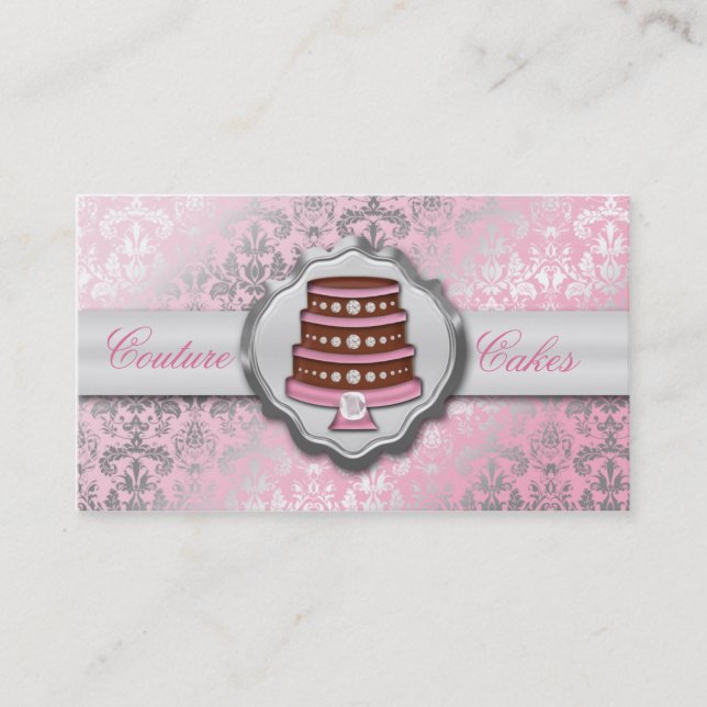 Baby Pink Cake Couture Glitzy Damask Cake Bakery Business Card (Front)