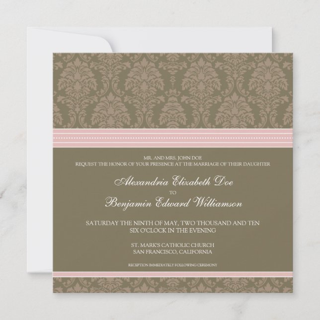 Baby Pink Chocolate Damask Wedding Invitation (Front)