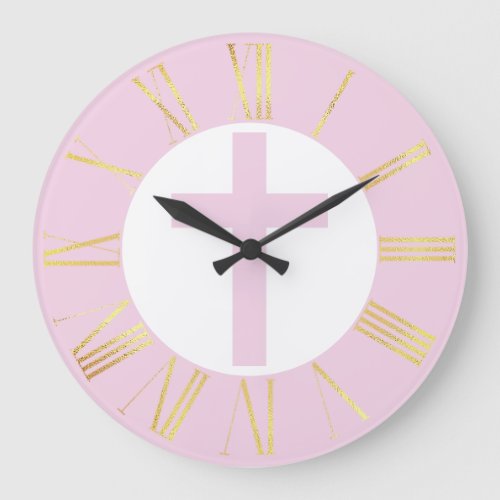 Baby Pink Christian Cross  Gold Roman Numerals Large Clock