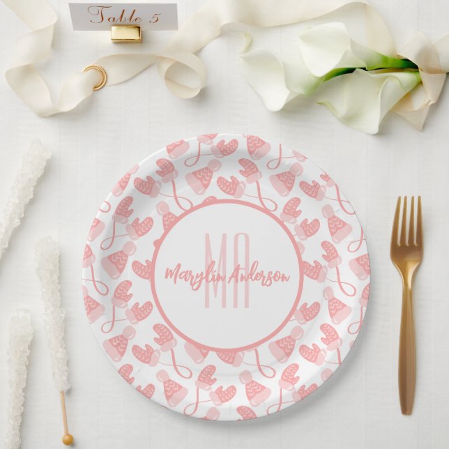 BABY PINK CHRISTMAS WINTER MITTENS & HATS MONOGRAM PAPER PLATES (Wedding)