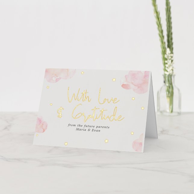Baby Pink Clouds Girl Stars Thank you Foil Greeting Card (Flower)