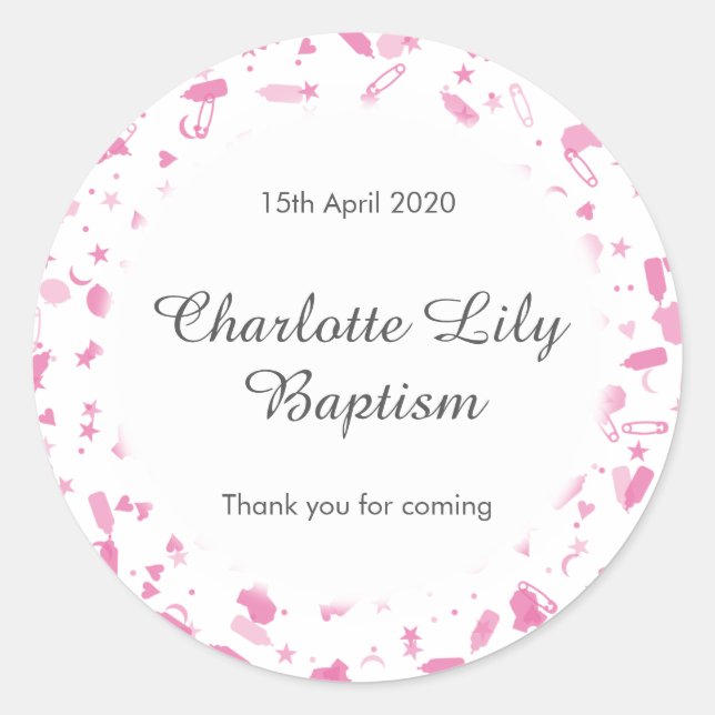 Baby Pink Confetti Baptism Christening Favor Classic Round Sticker (Front)