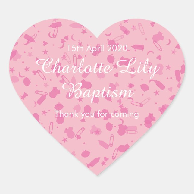Baby Pink Confetti Baptism Christening Favor Heart Sticker (Front)