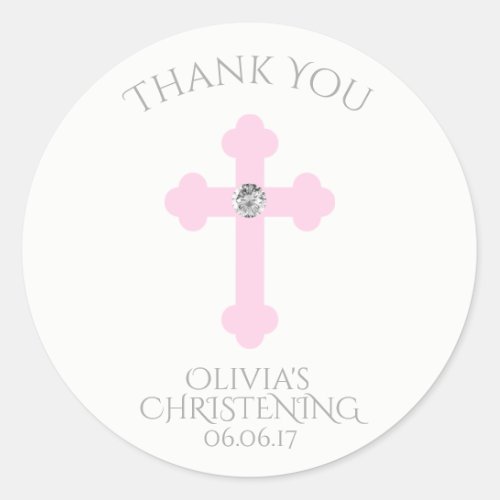 Baby Pink Cross BaptismChristening Girl Thank You Classic Round Sticker