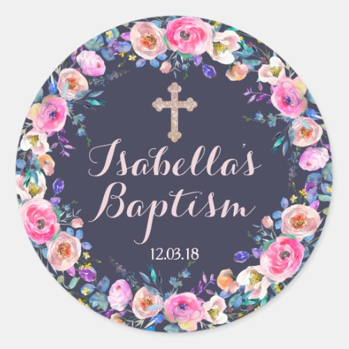 Baby Pink Cross BaptismChristening Girl Thank You Classic Round Sticker
