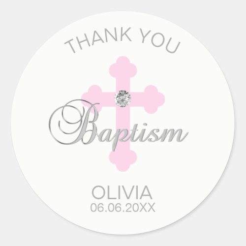 Baby Pink Cross Baptism Girl Thank You Classic Round Sticker