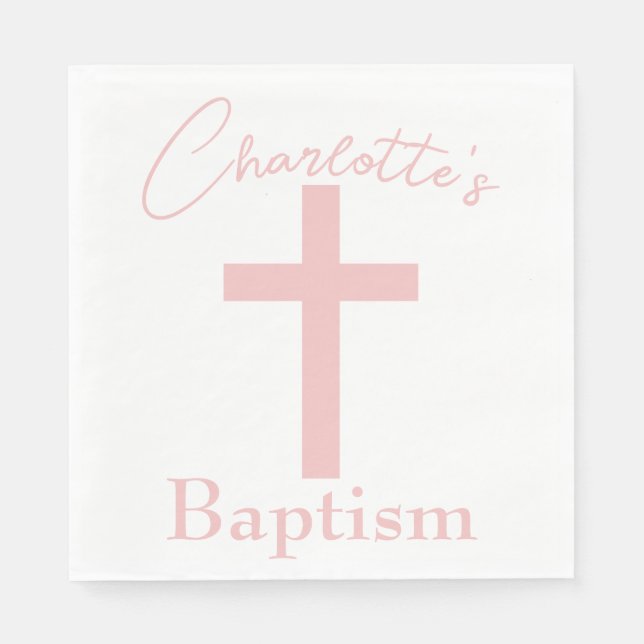 Baby Pink Cross with Custom Name Baptism Napkins (Front)