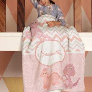 Baby Pink Dinosaur Chevron Personalized Fleece Blanket