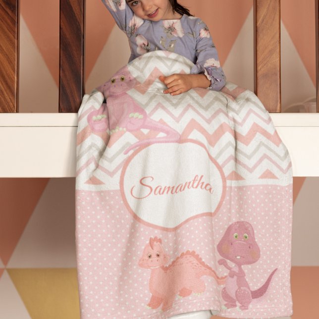 Baby Pink Dinosaur Chevron Personalized Fleece Blanket (Creator Uploaded)