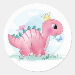 Baby Pink Dinosaur with Crown  Classic Round Sticker