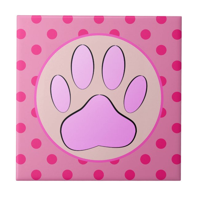 Baby Pink Dog Pawprint Polka Dots Round Frame Ceramic Tile (Front)
