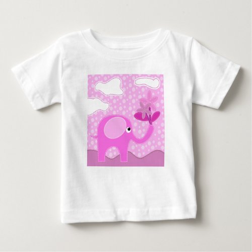Baby Pink Elephant and Flowers Baby T_Shirt