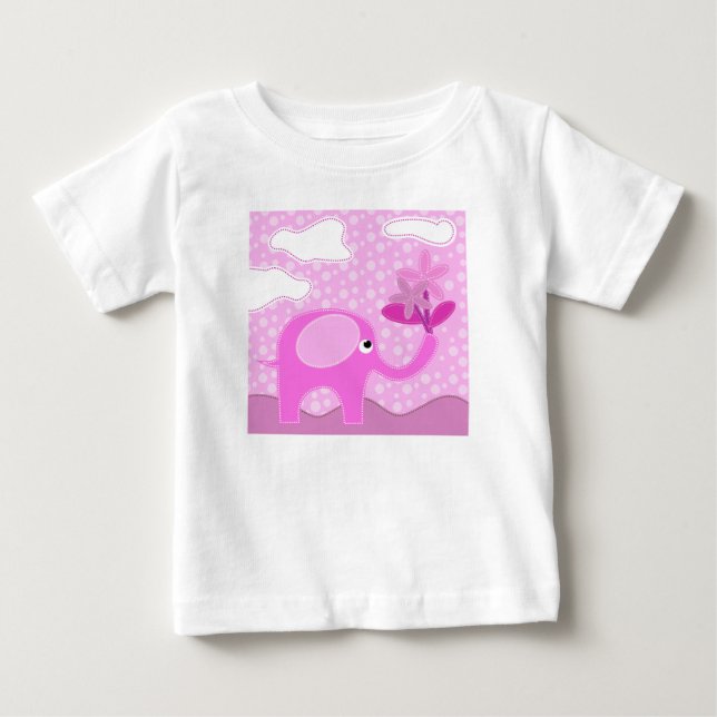 Baby Pink Elephant and Flowers Baby T-Shirt (Front)