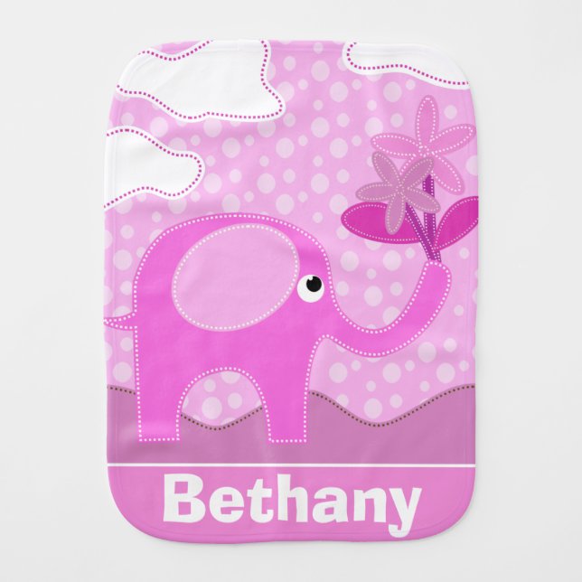 Baby Pink Elephant and Flowers Personalised Burp Cloth (Front)