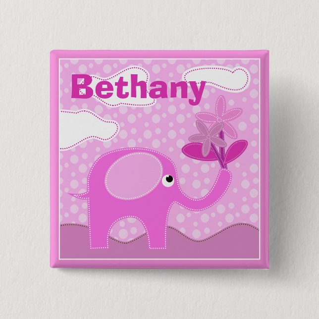 Baby Pink Elephant and Flowers Personalised Button (Front)