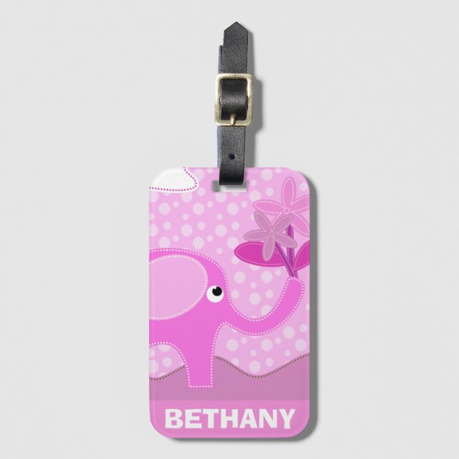 Baby Pink Elephant and Flowers Personalised Luggage Tag (Front Vertical)