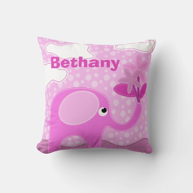 Baby Pink Elephant and Flowers Personalised Throw Pillow (Front)