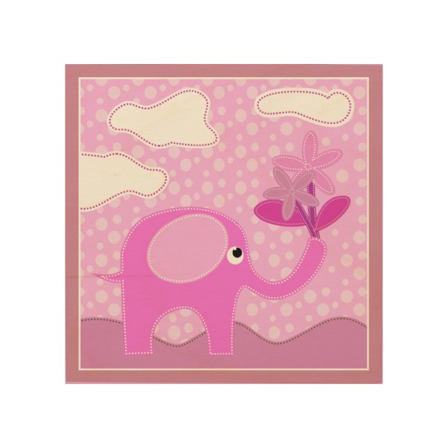 Baby Pink Elephant and Flowers  Wood Wall Art (Front)