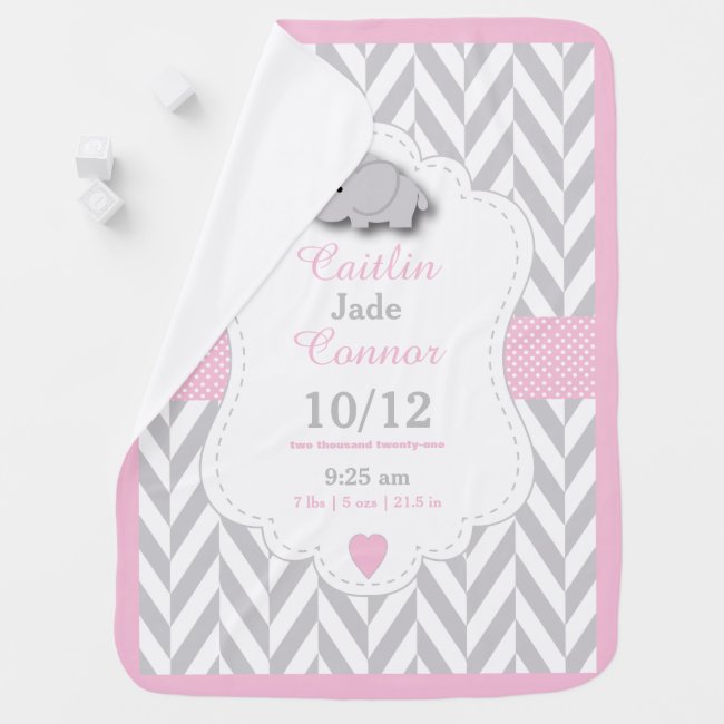 Baby Pink Elephant Birth Keepsake Design Stroller Blanket
