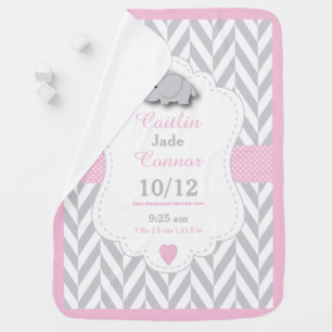 Baby Pink Elephant Birth Keepsake Design Stroller Blanket