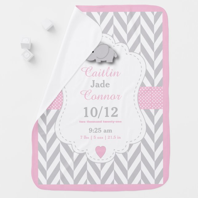 Baby Pink Elephant Birth Keepsake Design Stroller Blanket (In Situ)