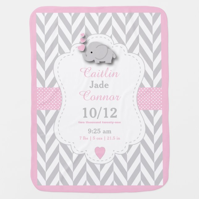 Baby Pink Elephant Birth Keepsake Design Stroller Blanket (Front)