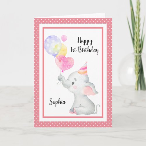 Baby Pink Elephant Cute Birthday Girl Custom Card