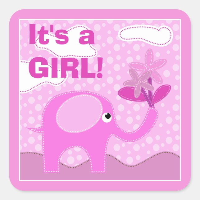 Baby Pink Elephant It's a Girl Baby Shower Square Sticker (Front)