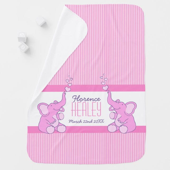 Baby pink elephants candy stripe name birth baby blanket (In Situ)