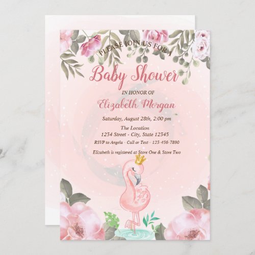 Baby Pink Flamingo Crown Floral Baby Shower  Invitation
