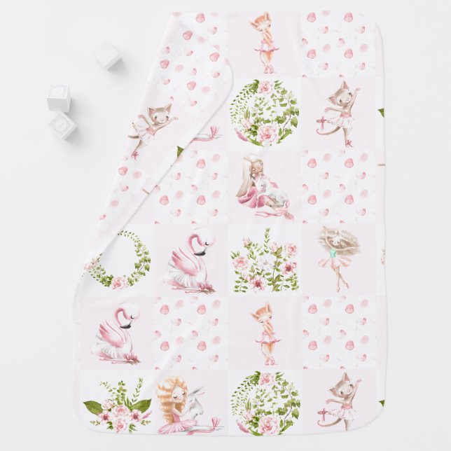 Baby Pink Floral Animals Quilt Nursery Pattern Blanket (In Situ)